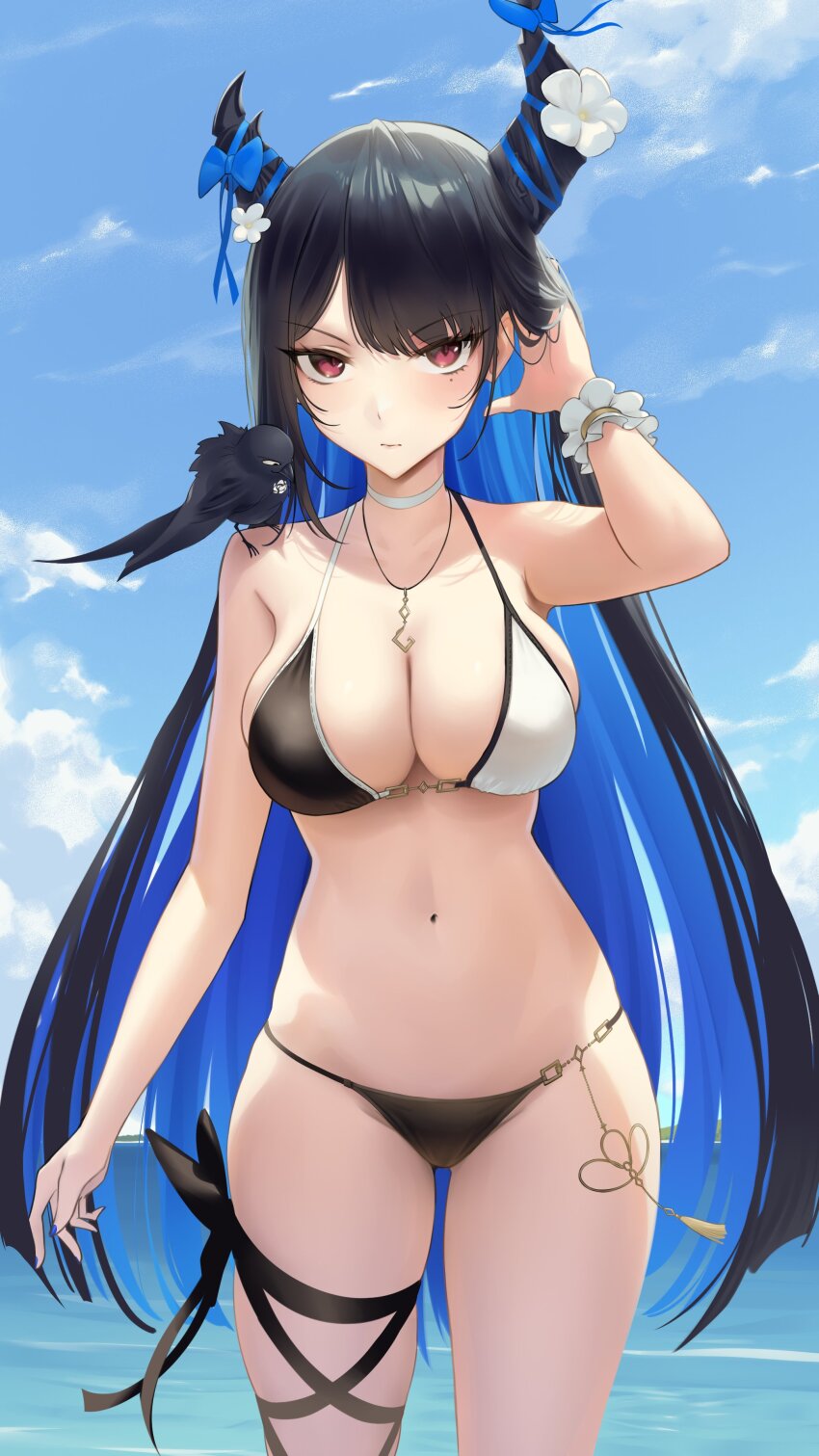 1girl absurdres animal animal_on_shoulder asymmetrical_horns bare_shoulders bikini bird bird_on_shoulder black_bikini black_hair blue_hair blue_sky breasts choker cleavage closed_mouth cloud collarbone colored_inner_hair cowboy_shot crow day demon_horns flower hair_ornament highres hololive hololive_english horn_flower horns large_breasts long_hair looking_at_viewer mole mole_under_eye multicolored_hair navel nerissa_ravencroft ocean outdoors red_eyes scrunchie shadow_(nerissa_ravencroft) sky solo somebody_(leiking00) stomach swimsuit thigh_strap thighs two-tone_hair uneven_horns very_long_hair virtual_youtuber white_choker white_flower wrist_scrunchie
