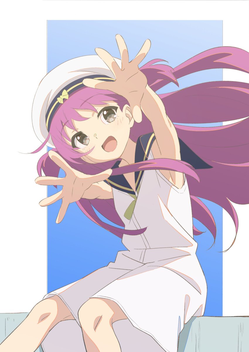 1girl absurdres armpits dress flat_chest floating_hair grey_eyes hat highres katou_umi long_hair open_mouth papiyon1297 purple_hair reaching reaching_towards_viewer sailor_dress sailor_hat sitting sleeveless sleeveless_dress smile solo summer_pockets wind