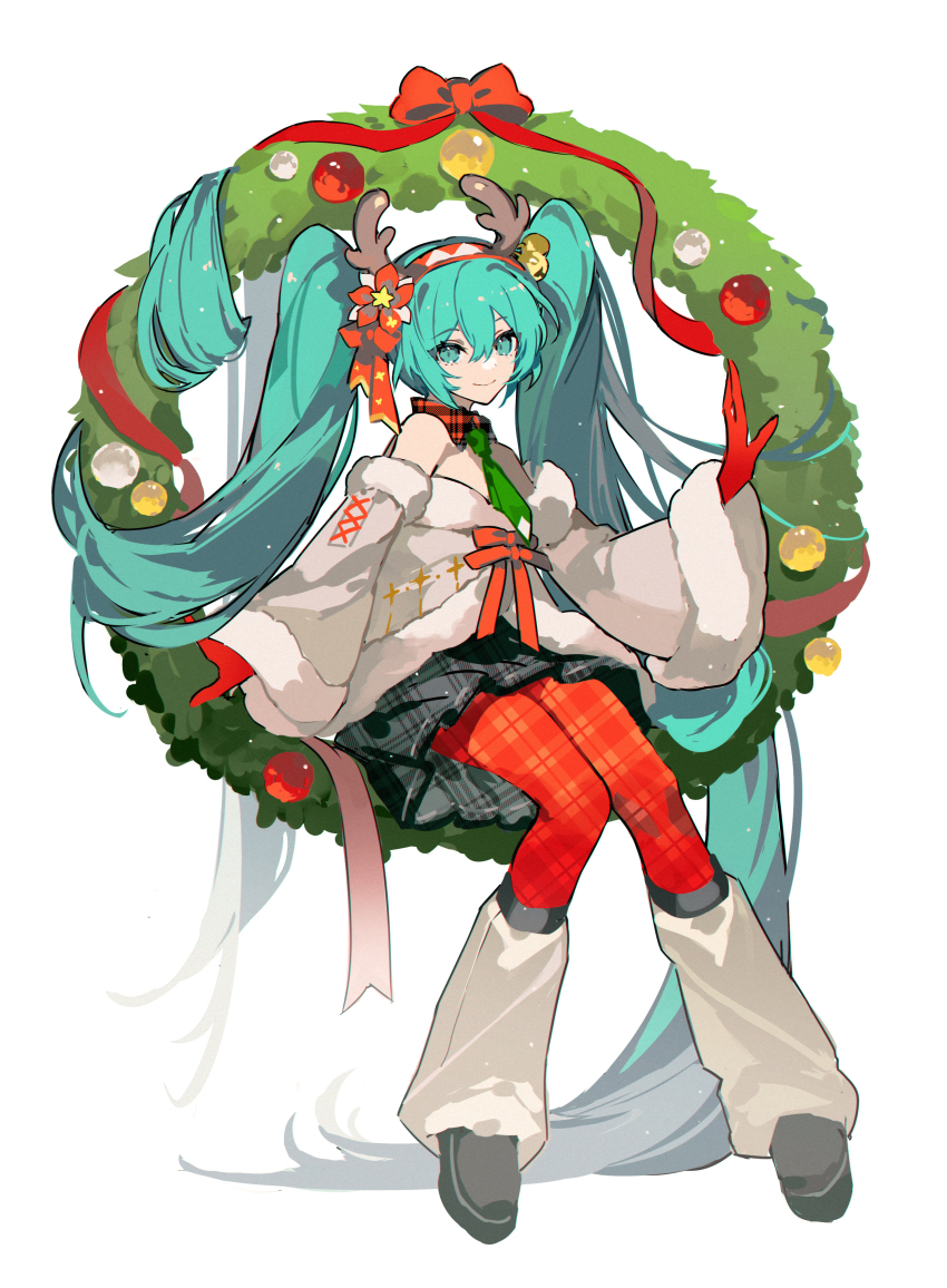 1girl absurdly_long_hair absurdres antlers aqua_eyes aqua_hair bare_shoulders black_skirt bow christmas_ornaments christmas_wreath closed_mouth coat commentary detached_collar detached_sleeves english_commentary floating flower fur_trim gloves green_necktie grey_footwear hair_between_eyes hair_bow hair_flower hair_ornament hairband hatsune_miku highres holding holding_wreath horns kazenemuri leg_warmers light_smile long_hair necktie pantyhose plaid_clothes plaid_collar red_bow red_gloves red_hairband red_pantyhose red_ribbon reindeer_antlers ribbon shoes sitting sitting_on_object skirt twintails very_long_hair vocaloid white_background white_coat white_leg_warmers wreath