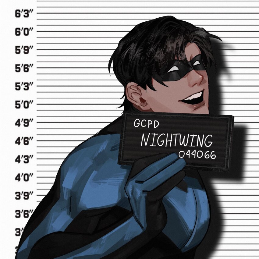 1boy barbie_(franchise) barbie_(live_action) barbie_mugshot_(meme) batman_(series) blue_bodysuit bodysuit calladraws1 commentary covered_abs dc_comics dick_grayson domino_mask english_commentary english_text height_chart highres holding holding_sign looking_at_viewer male_focus mask meme mugshot muscular muscular_male nightwing sign solo superhero_costume teeth two-tone_bodysuit upper_teeth_only western_comics_(style)