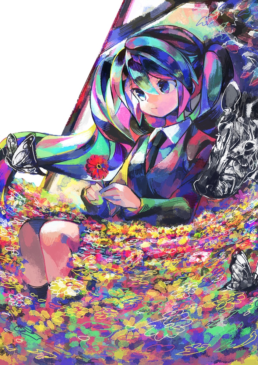 1girl absurdres animal blue_eyes bug butterfly colorful field flower flower_field formal_clothes hands_up hatsune_miku hatsune_miku_(saihate) highres holding holding_flower insect kasaki_sakura long_hair long_sleeves multicolored_hair necktie red_flower saihate_(vocaloid) sitting solo surreal symbolism twintails vocaloid white_background zebra