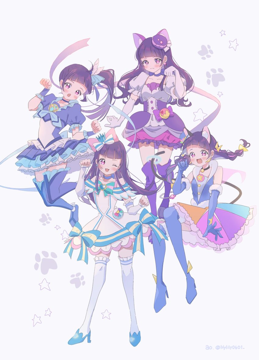 4girls absurdres animal_ears aqua_bow artist_name bad_id bad_twitter_id black_choker blue_choker blue_crown blue_dress blue_footwear blue_gloves blunt_bangs boots bow braid brooch cat_ears choker closed_mouth commentary cosplay crown cure_beat cure_beat_(cosplay) cure_cosmo cure_cosmo_(cosplay) cure_macaron cure_macaron_(cosplay) cure_nyammy cure_nyammy_(cosplay) dress dress_bow earrings elbow_gloves food-themed_hair_ornament frilled_dress frilled_sleeves frilled_thighhighs frills fur-trimmed_gloves fur_trim gloves hair_bow hair_ornament hair_ribbon half_gloves hand_in_own_hair heart heart_brooch high_heel_boots high_heels highres in-franchise_crossover izayoi_liko jewelry jumping kirakira_precure_a_la_mode lilylily0601 macaron_hair_ornament mahou_girls_precure! mini_crown multicolored_dress multiple_girls multiple_persona off-shoulder_dress off_shoulder one_eye_closed open_mouth paw_pose paw_print pink_bow pink_eyes pouch precure puffy_short_sleeves puffy_sleeves purple_dress purple_footwear purple_hair ribbon short_dress short_sleeves side_ponytail sitting sleeveless sleeveless_dress smile standing star_(symbol) star_twinkle_precure suite_precure thigh_boots thighhighs tilted_headwear trait_connection twin_braids twitter_username white_dress white_gloves white_thighhighs wonderful_precure! wrist_cuffs