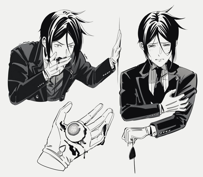 absurdres black_hair blood blood_from_mouth ciel_phantomhive crying eyeball formal_clothes gloves highres implied_cannibalism kuroshitsuji male_focus monochrome necktie sad sebastian_michaelis shirt suit uneasywolf victorian vomiting_blood white_gloves