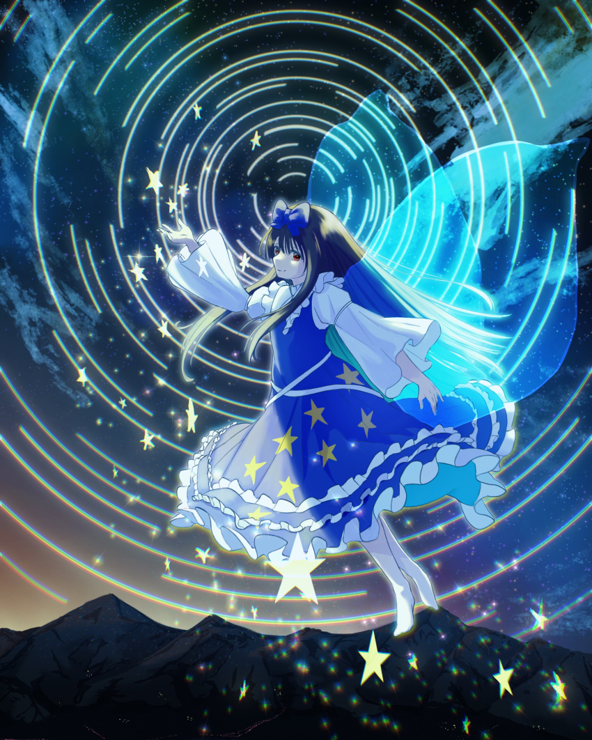 1girl black_hair blue_bow blue_dress bow brown_eyes chromatic_aberration circle closed_mouth cloud cloudy_sky commentary concentric_circles dress dusk fairy fairy_wings flying frilled_dress frills full_body hair_bow highres juliet_sleeves kulukulu3333 light_particles long_hair long_sleeves looking_at_viewer mountain mountainous_horizon no_shoes pantyhose pinafore_dress puffy_sleeves shirt sky sleeveless sleeveless_dress smile solo sparkle star_(sky) star_(symbol) star_print star_sapphire star_trail starry_sky touhou very_long_hair white_pantyhose white_shirt wide_sleeves wings