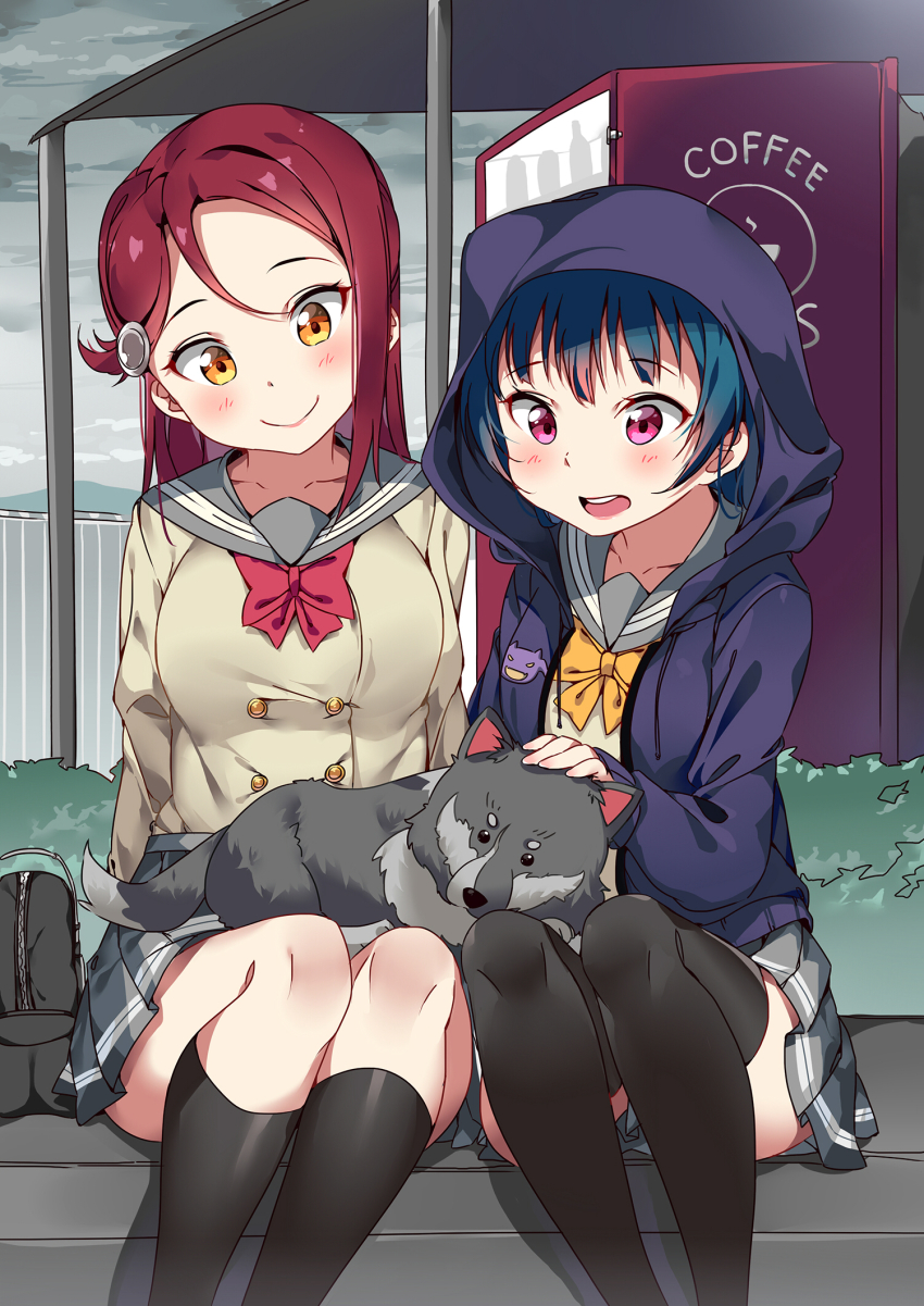 10s 2girls animal animal_on_lap anko_(love_live!) bag black_socks blue_hair blush bow bowtie bus_stop buttons dog double-breasted hair_ornament hairclip headpat highres hood hooded_jacket jacket kneehighs long_sleeves love_live! love_live!_sunshine!! multiple_girls on_lap open_mouth pleated_skirt purple_eyes purple_jacket red_hair red_neckwear sakurauchi_riko school_bag school_uniform serafuku sitting skirt smile socks tem10 thighhighs tsushima_yoshiko uranohoshi_school_uniform vending_machine yellow_eyes yellow_neckwear