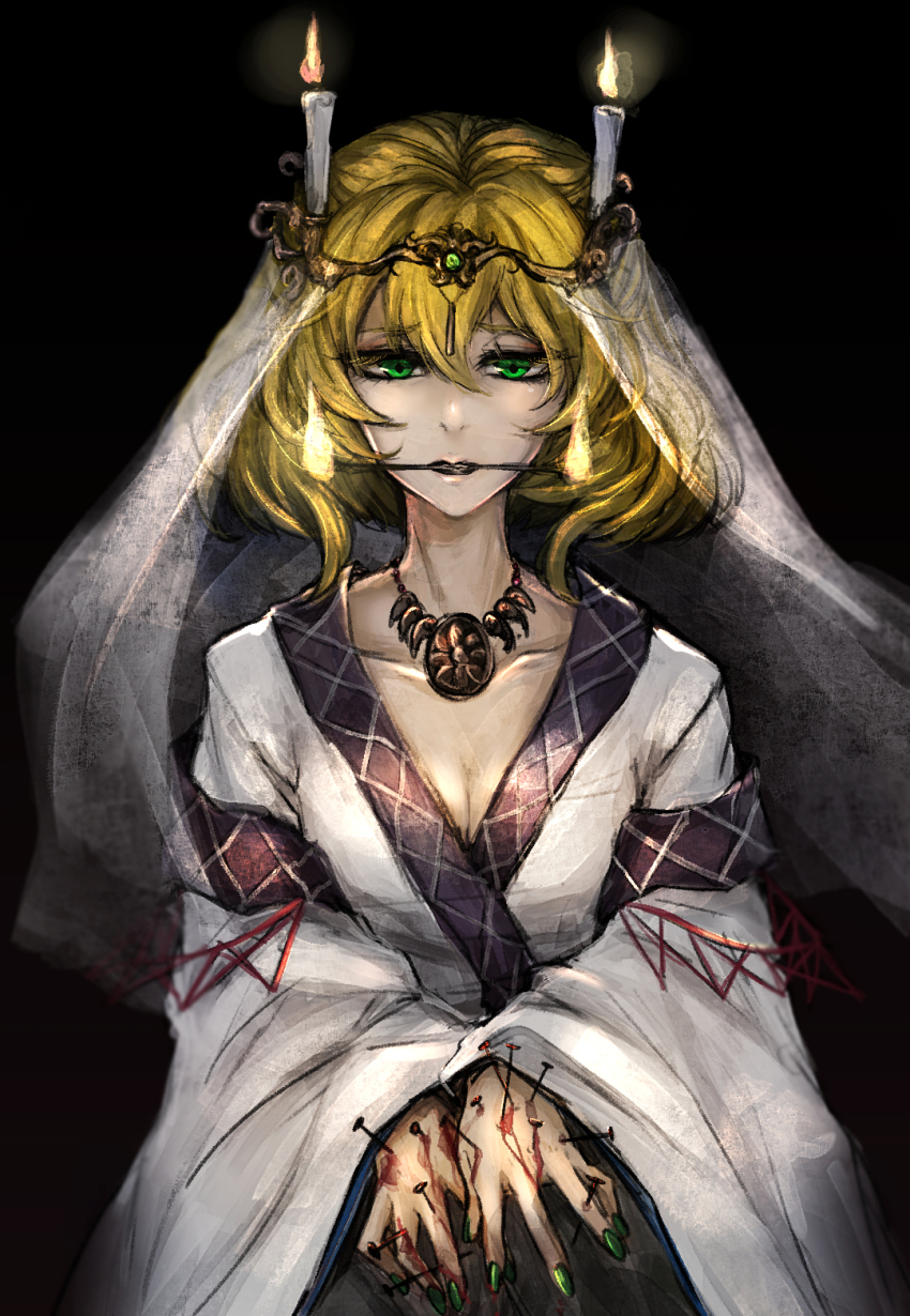 1girl black_background bleeding blonde_hair blood blood_on_hands breasts candle cleavage collarbone commentary_request dark eyelashes fire green_eyes green_nails hair_between_eyes half-closed_eyes hashihime highres injury japanese_clothes jewelry kimono kyogoku-uru long_eyelashes long_sleeves looking_down mizuhashi_parsee mouth_hold nail_(hardware) nail_polish necklace right-over-left_kimono ritual short_hair small_breasts solo straight-on touhou veil voodoo white_kimono wide_sleeves