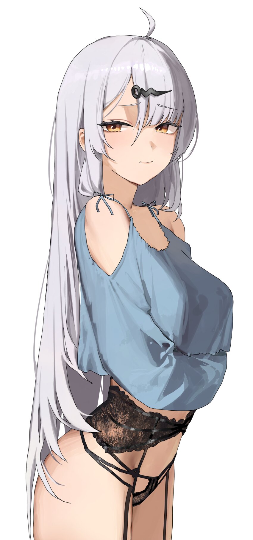 1girl absurdres ahoge arm_under_breasts black_garter_belt black_panties blue_shirt breasts closed_mouth commentary_request cowboy_shot crop_top embarrassed from_side garter_belt grey_hair hair_between_eyes hair_ornament hairclip highres large_breasts light_blush lingerie long_hair long_sleeves looking_at_viewer multi-strapped_panties panties shirt simple_background solo standing string_panties underwear very_long_hair white_background yellow_eyes yixuan_(zenless_zone_zero) yohwa zenless_zone_zero