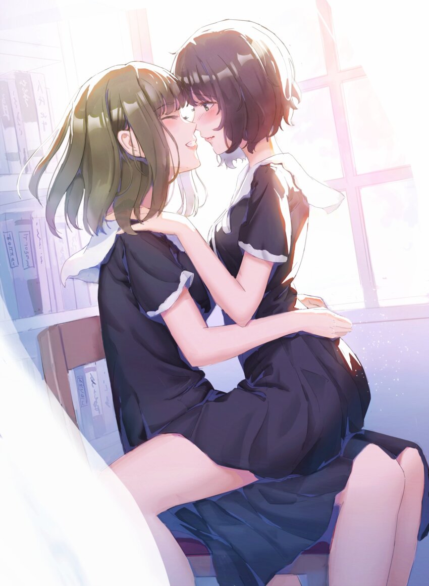 2girls ^_^ black_dress black_hair blush book bookshelf chair closed_eyes couple day dress facing_another feet_out_of_frame floating_hair flowers_(innocent_grey) from_side green_hair grin hand_on_another&#039;s_shoulder hashtag-only_commentary highres hug indoors kafkasea looking_at_another medium_hair multiple_girls profile school_uniform short_hair short_sleeves sitting smile straddling takasaki_chidori upright_straddle window yaegaki_erika yuri