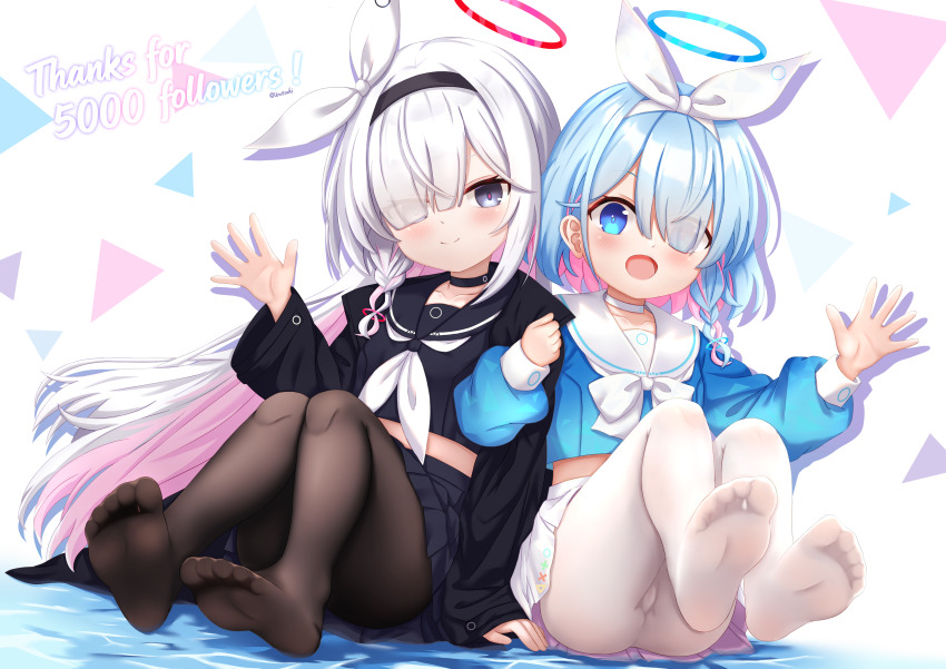 2girls absurdres arona_(blue_archive) ass black_choker black_hairband black_jacket black_pantyhose black_sailor_collar black_serafuku black_shirt black_skirt blue_archive blue_eyes blue_hair blue_halo blue_shirt blush bow bowtie braid cameltoe chinese_commentary choker closed_mouth collarbone colored_inner_hair commentary_request cropped_shirt dot_nose eyes_visible_through_hair feet feet_up grey_eyes grey_hair hair_between_eyes hair_over_one_eye hair_ribbon hairband halo hand_up highres jacket knees_up locked_arms loli long_hair long_sleeves looking_at_viewer medium_hair midriff multicolored_hair multiple_girls neckerchief no_shoes open_clothes open_jacket open_mouth pantyhose pink_hair plana_(blue_archive) pleated_skirt red_halo red_pupils ribbon sailor_collar school_uniform serafuku shirt single_braid sitting skirt sleeve_cuffs smile soles split_mouth thank_you thighs toes twitter_username uro30 very_long_hair waving white_bow white_bowtie white_choker white_hairband white_neckerchief white_pantyhose white_sailor_collar white_skirt wide_sleeves