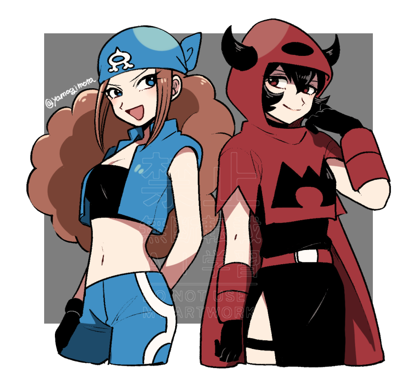 2girls artist_name bandana black_dress black_gloves black_hair blue_eyes breasts brown_hair cape cleavage courtney_(pokemon) dress dress_under_hoodie fake_horns game_freak gloves hood horned_hood horns long_hair looking_at_another medium_breasts multiple_girls navel nintendo pokemon pokemon_adventures red_cape red_eyes shelly_(pokemon) short_hair smile yamogimota