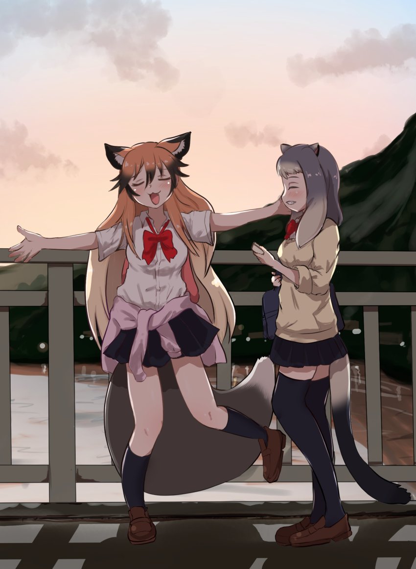 2girls :3 absurdres akaisuto alpine_marmot_(kemono_friends) alternate_costume animal_ears bag beige_sweater black_hair black_legwear black_skirt blonde_hair bow bowtie brown_footwear brown_hair clothes_around_waist collared_shirt closed_eyes fox_ears fox_girl fox_tail grey_hair highres kemono_friends loafers long_hair long_sleeves multicolored_hair multiple_girls open_mouth orange_hair pink_sweater pleated_skirt red_bow red_bowtie red_fox_(kemono_friends) school_bag school_uniform shirt shoes short_hair short_sleeves skirt socks squirrel_ears squirrel_girl squirrel_tail sweater sweater_around_waist tail thighhighs white_shirt zettai_ryouiki