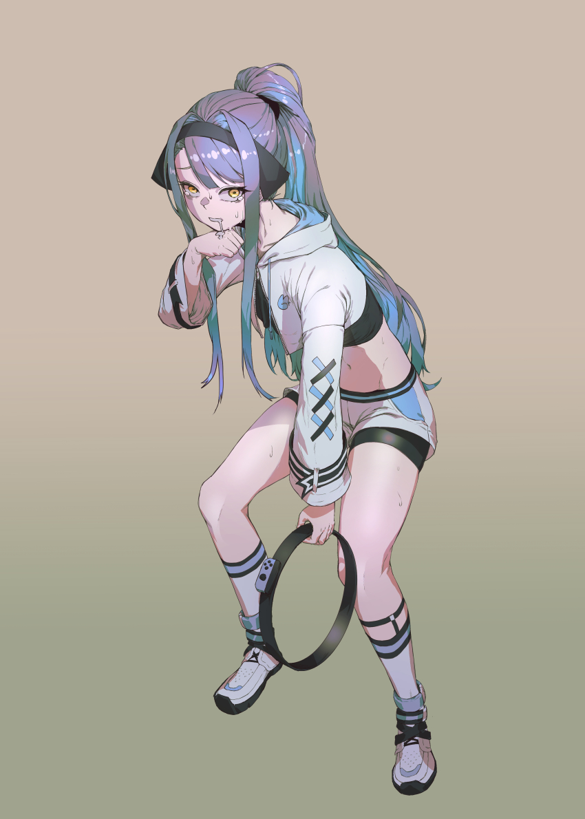 1girl absurdres bike_shorts black_hairband black_shirt blue_hair brown_background collarbone crop_top cropped_jacket drooling full_body gangzi_(vtuber) gradient_background hair_intakes hairband highres hood hood_down hooded_jacket jacket linea_alba lone_nape_hair long_hair long_sidelocks long_sleeves mouth_drool navel partially_unzipped ponytail ring-con ring_fit_adventure sake_goroke shirt shoes short_shorts shorts sidelocks sneakers socks solo stellive tearing_up thighs virtual_youtuber weapon white_jacket white_shirt white_shoes white_sneakers white_socks yellow_eyes