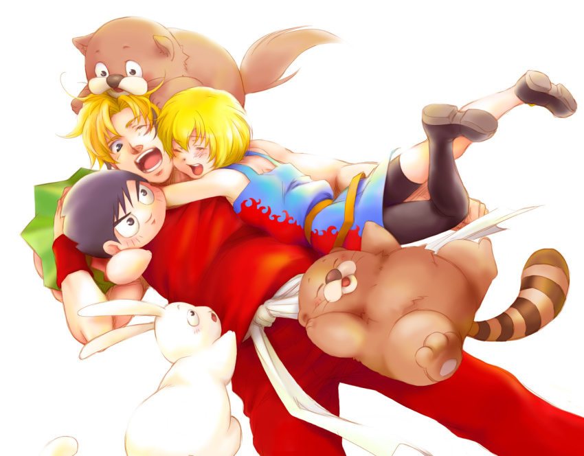 1girl 2boys asymmetrical_clothes bad_id bad_pixiv_id black_hair blonde_hair blush character_request child closed_eyes inrou looking_at_another momo_e_ko multiple_boys one_eye_closed open_mouth papuwa rabbit short_hair simple_background smile white_background wink