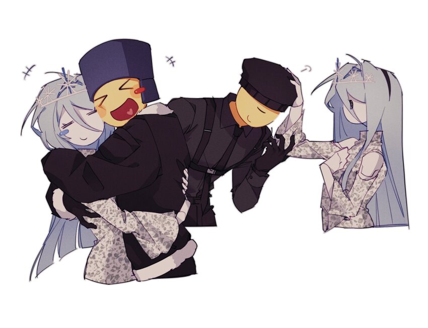 &gt;_&lt; 1girl 2boys air_zizon android black_gloves black_hairband black_jacket black_necktie blue_hair blue_hat blush_stickers clothing_cutout colored_skin dress eunoia_(frozen_soul) floating_head frozen_soul gloves hair_between_eyes hairband happy hat hug jacket joints long_hair mafioso_(frozen_soul) multiple_boys necktie open_mouth petting roblox robot_joints shoulder_cutout simple_background single_blush_sticker smile tiara ushanka white_background white_dress white_skin wide_sleeves