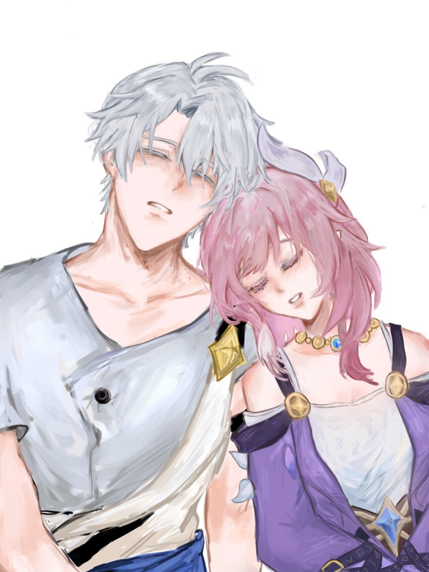 1boy 1girl ahoge breasts coat commentary_request cyrene_(honkai:_star_rail) dress head_on_another&#039;s_shoulder highres honkai:_star_rail honkai_(series) jellowyyy jewelry medium_hair multicolored_hair necklace parted_lips phainon_(honkai:_star_rail) pink_hair purple_coat shirt short_hair simple_background sleeping small_breasts two-tone_hair white_background white_dress white_hair white_shirt