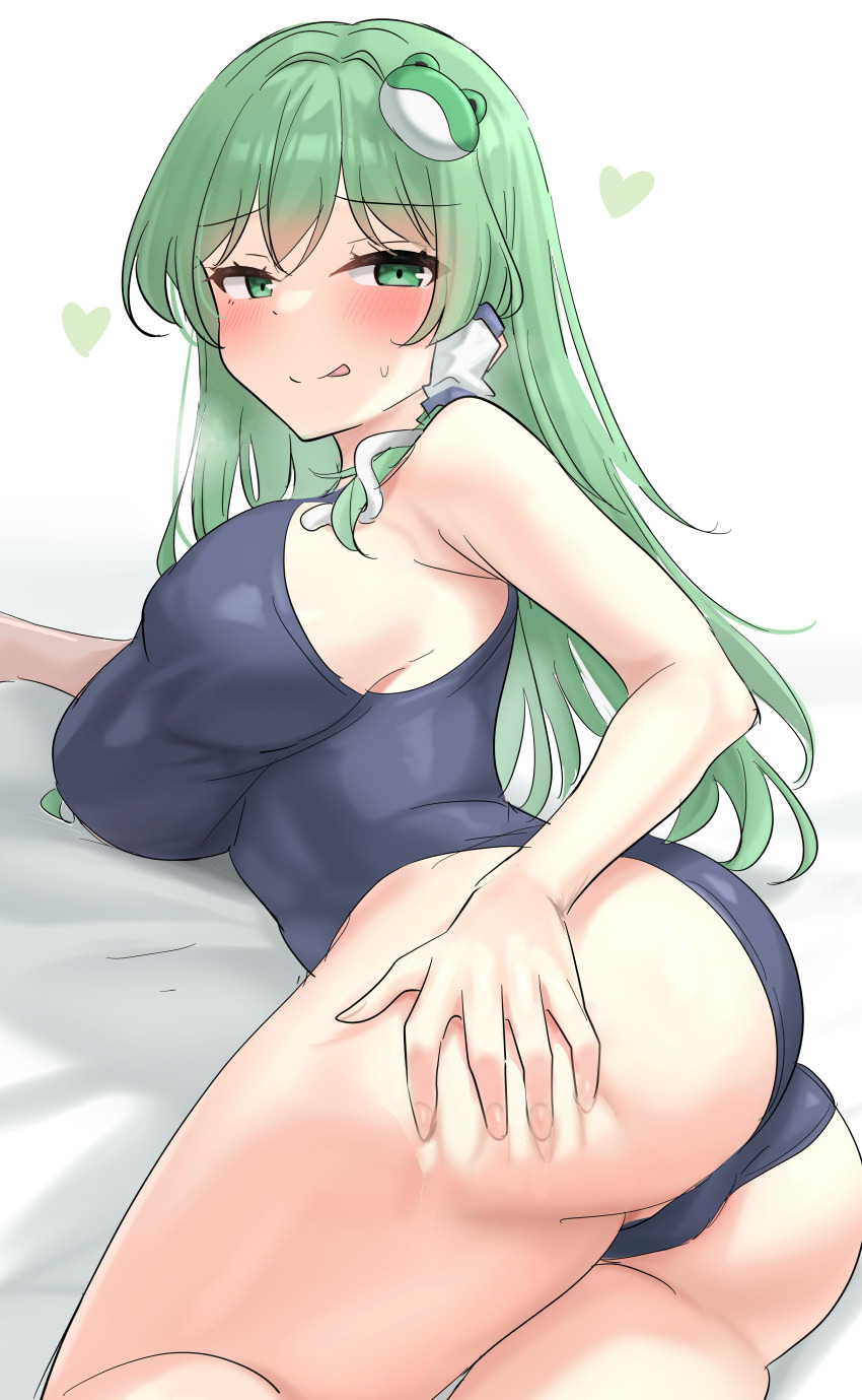 1girl :p absurdres ass blue_one-piece_swimsuit blush breasts commentary_request frog_hair_ornament grabbing_own_ass green_hair hair_ornament heart highres kochiya_sanae large_breasts long_hair looking_at_viewer lying matching_hair/eyes naughty_face on_side one-piece_swimsuit school_swimsuit snake_hair_ornament solo swimsuit thighs tongue tongue_out touhou youyume-kun