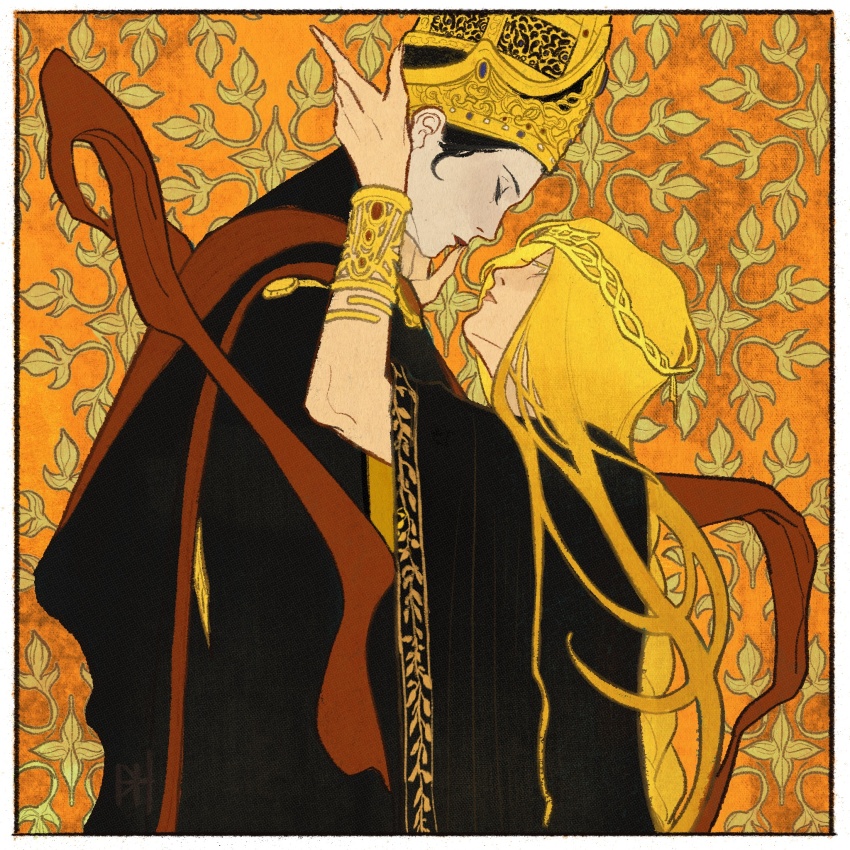 2girls black_hair black_robe blonde_hair border bracer breasts brush_(brush2h) closed_eyes crown elden_ring gold_trim hand_on_another&#039;s_cheek hand_on_another&#039;s_face highres long_hair looking_at_another medium_breasts multiple_girls orange_background queen_marika_the_eternal rennala_queen_of_the_full_moon robe updo upper_body white_border yuri