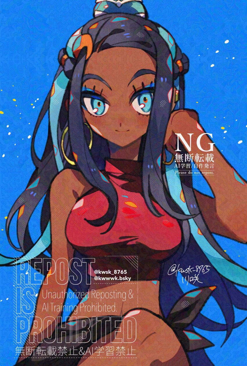 1girl black_hair blue_eyes blue_hair breasts crop_top dark-skinned_female dark_skin earrings eyeshadow hair_bun highres hoop_earrings jewelry kawasaki_(kwsk_8765) long_hair looking_at_viewer makeup multicolored_hair navel nessa_(pokemon) nintendo official_alternate_costume pokemon pokemon:_twilight_wings pokemon_swsh single_hair_bun smile solo two-tone_hair