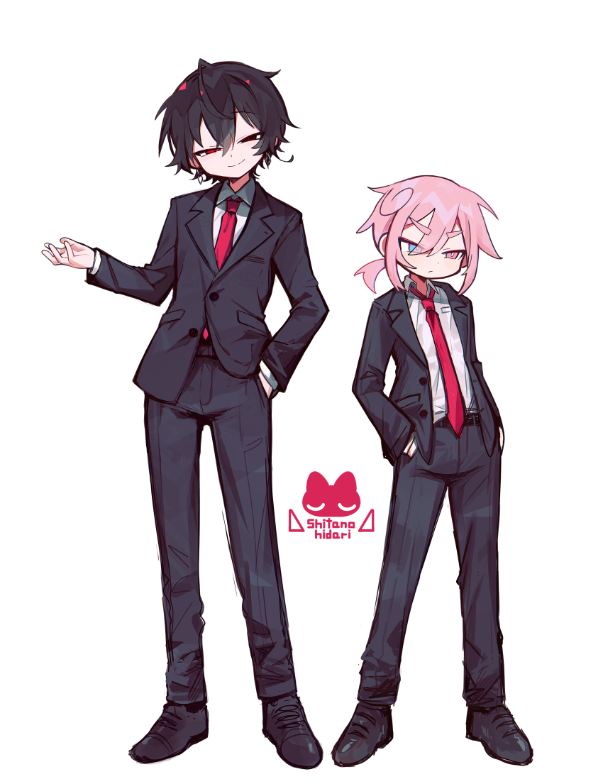 2boys absurdres artist_logo black_eyes black_jacket black_pants black_shoes blue_eyes bright_pupils buttons closed_mouth commentary_request dress_shoes earrings eyes_visible_through_hair formal_clothes hair_between_eyes hand_in_pocket hand_up hands_in_pockets height_difference heterochromia highres jacket jewelry lapels logo male_focus multiple_boys necktie notched_lapels open_clothes open_jacket original pants pink_eyes pink_hair ponytail raito-kun_(uenomigi) red_eyes red_necktie red_pupils shirt shirt_partially_tucked_in shoes short_hair short_ponytail shou_(uenomigi) simple_background suit suit_jacket uenomigi white_background white_pupils white_shirt
