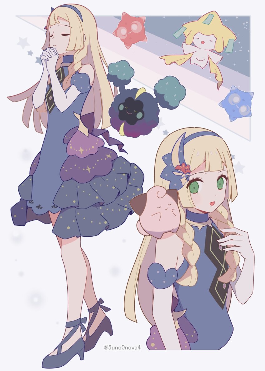 1girl 343rone absurdres bare_shoulders blonde_hair blue_dress blue_footwear blue_hairband cleffa commentary_request cosmog dress elbow_gloves eyelashes gen_2_pokemon gen_3_pokemon gen_7_pokemon gloves green_eyes hairband hand_up hands_up high_heels highres interlocked_fingers jirachi legendary_pokemon lillie_(anniversary_2021)_(pokemon) lillie_(pokemon) long_hair minior multiple_views mythical_pokemon nintendo official_alternate_costume open_mouth own_hands_together pokemon pokemon_(creature) pokemon_masters_ex smile white_gloves