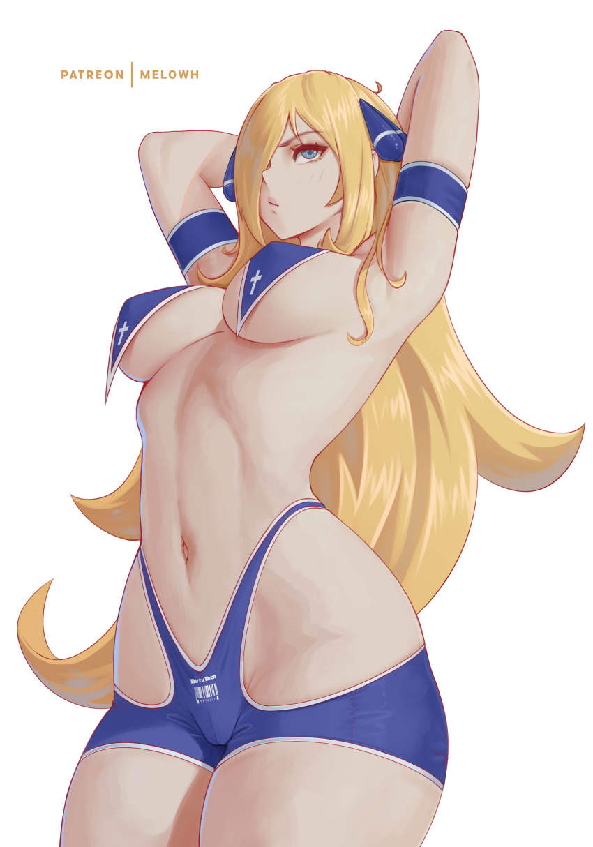 1girl absurdres armband armpits arms_behind_head arms_up blonde_hair blue_eyes blue_shorts breast_curtains breasts cynthia_(pokemon) hair_ornament hair_over_one_eye highleg highres large_breasts long_hair melowh micro_shorts navel nintendo pokemon pokemon_dppt shorts solo t-back_spats thighs very_long_hair