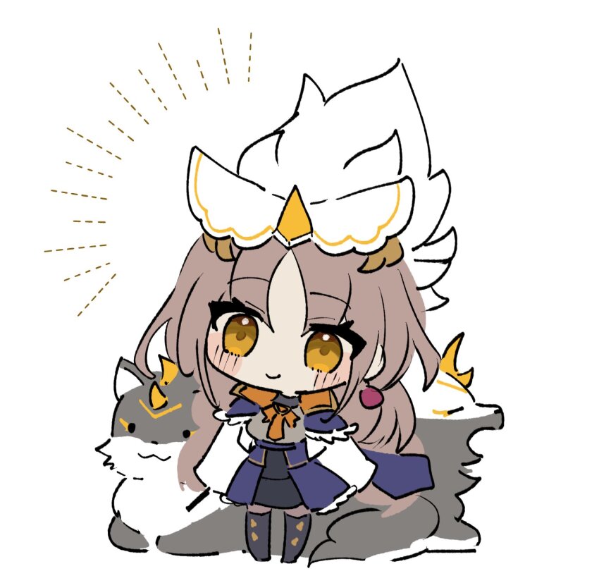 1girl blush brown_hair chibi dress duel_monster earrings hat highres jewelry long_hair parted_bangs shi_(eepigfofrpb0mf3) shi_(shi4see) sidelocks silvy_of_the_white_forest smile thighhighs white_background witch_hat wolf yellow_eyes yu-gi-oh! yu-gi-oh!_master_duel