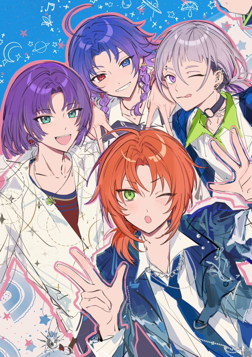 18trip 4boys :d :o :p absurdres ahoge artist_request blue_eyes blue_hair blue_jacket blue_necktie blunt_bangs blush bob_cut braid chain chinese_commentary choker collarbone collared_shirt commentary_request commission crescent curtained_hair double_inward_v double_v earrings ensemble_stars! eyebrow_piercing face_piercing gradient_hair green_eyes hair_over_shoulder hands_up heterochromia highres jacket jewelry layered_shirt long_sleeves low_side_ponytail low_twin_braids mahoutsukai_no_yakusoku male_focus multicolored_hair multiple_boys murr_hart natsume_ryu necklace necktie o-ring o-ring_choker one_eye_closed open_mouth orange_hair outline paradox_live piercing pink_outline planet planet_necklace ponytail purple_eyes purple_hair red_eyes red_shirt second-party_source shirt smile star_(symbol) striped_clothes striped_shirt tongue tongue_out tsukinaga_leo twin_braids v white_shirt yowa_netaro