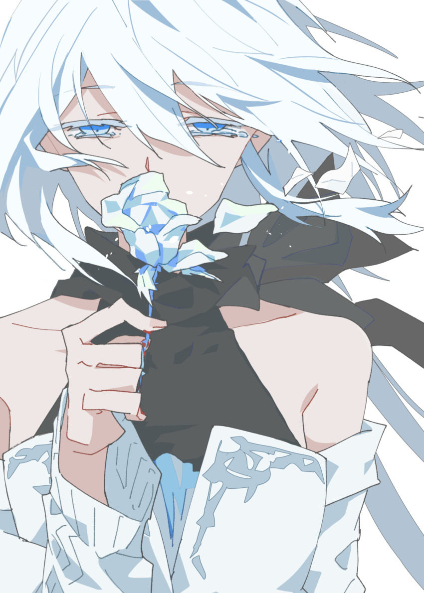 1girl bare_shoulders blue_eyes chinese_commentary commentary_request detached_sleeves eileen_(honkai:_star_rail) flower highres holding holding_flower honkai:_star_rail honkai_(series) laotuo long_hair long_sleeves simple_background solo tears upper_body white_background white_hair