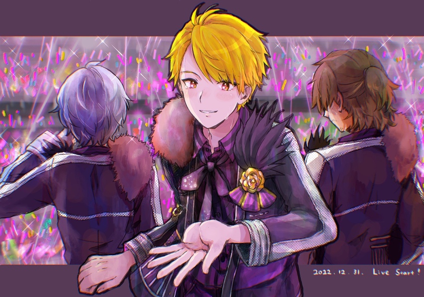 3boys blonde_hair brown_hair collared_shirt fingernails from_behind fur_trim grey_hair hazama_michio idol idolmaster idolmaster_side-m kappysan long_sleeves looking_at_viewer maita_rui male_focus multiple_boys outstretched_hand s.e.m_(idolmaster) shirt smile yamashita_jiro