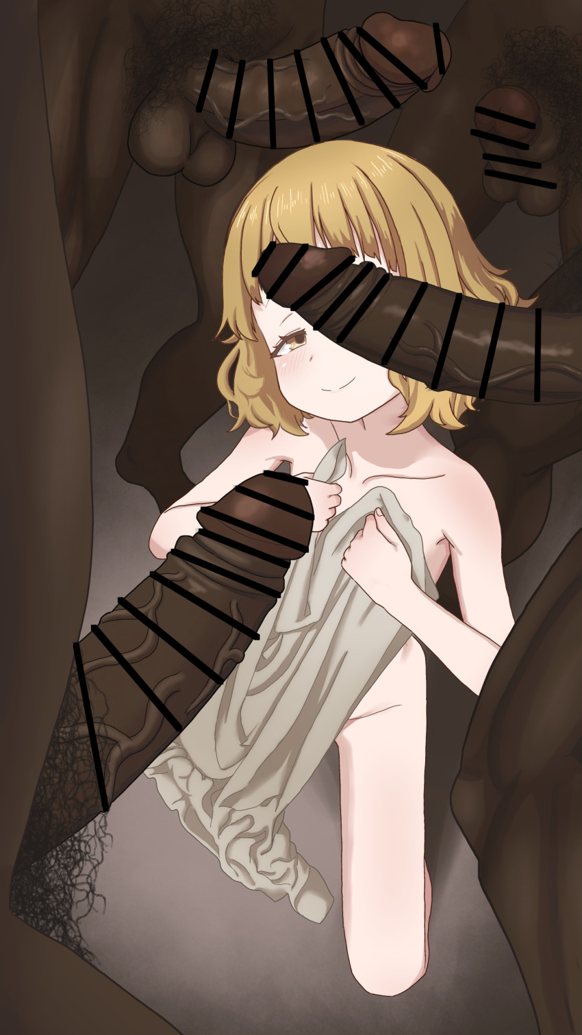 1girl 4boys absurdres age_difference bar_censor black_background blonde_hair blush censored closed_mouth collarbone completely_nude covering_breasts covering_privates dark-skinned_male dark_skin dot_nose dress erection eyelashes feet_out_of_frame from_above gradient_background grey_background grey_dress half-closed_eyes hands_on_own_chest hetero highres himemiya_yuki imminent_fellatio interracial kneeling large_penis loli looking_at_viewer looking_up manemane_nichinichi medium_hair misaia multiple_boys naughty_face nude penis penis_on_face penis_over_one_eye simple_background size_difference smile solo_focus testicles two-tone_background unworn_dress variant_set very_dark_skin yellow_eyes