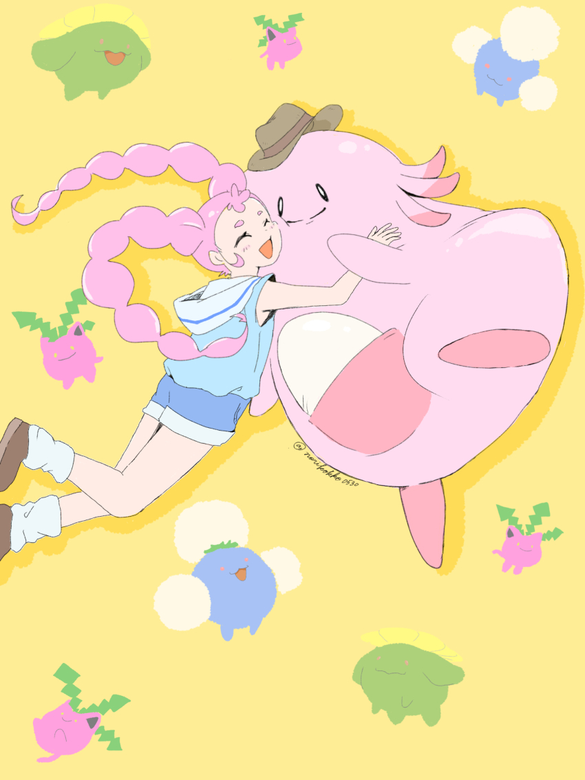 1girl :d blue_shirt blue_shorts brown_footwear brown_hat chansey closed_eyes commentary_request gen_1_pokemon gen_2_pokemon happy hat highres hood hood_down hooded_shirt hoppip hug jumpluff light_blush long_hair meg_(poketoon) nintendo norishan_(galaxy800) open_mouth pink_hair pokemon pokemon_(anime) pokemon_(creature) poketoon shirt shoes shorts skiploom sleeveless sleeveless_shirt smile socks twintails white_socks yellow_background