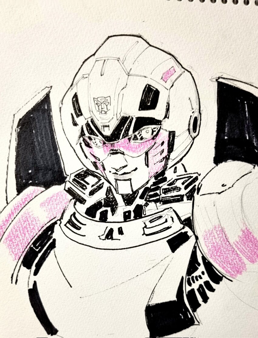 1girl arcee autobot helmet highres humanoid_robot insignia mecha mecha_focus metal_skin pink_visor robot robot_girl sandlake science_fiction solo traditional_media transformers transformers:_rise_of_the_beasts transformers_(live_action) transformers_prime