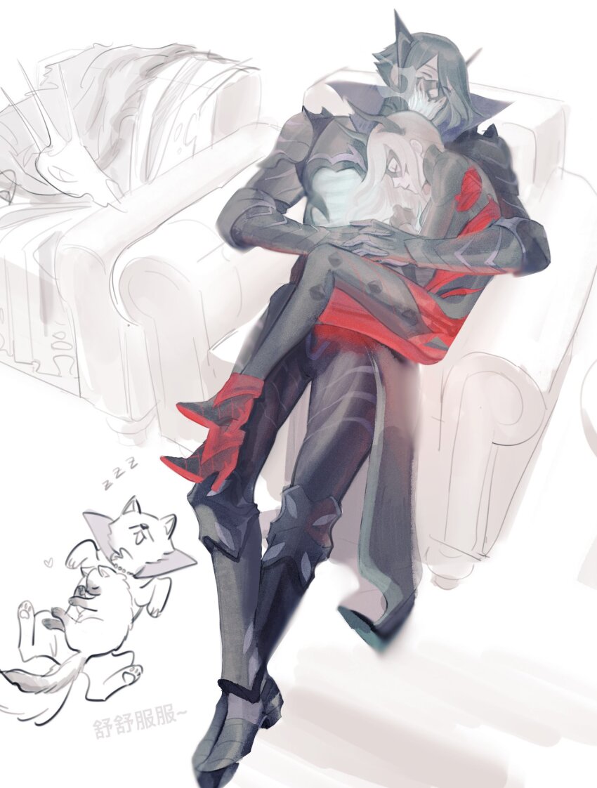 1boy 1girl 30sugarnoice animal animalization armor black_armor black_horns black_mask blue_hair cat closed_eyes closed_mouth couch domino_mask fire_emblem fire_emblem_heroes grey_hair heart highres horned_mask horns hug leif_(fire_emblem) long_hair lying mask masked nintendo on_couch own_hands_together person_and_animalization profile short_hair simple_background sitting sleeping sleeping_on_person thrasir_(fire_emblem) translation_request white_background zzz