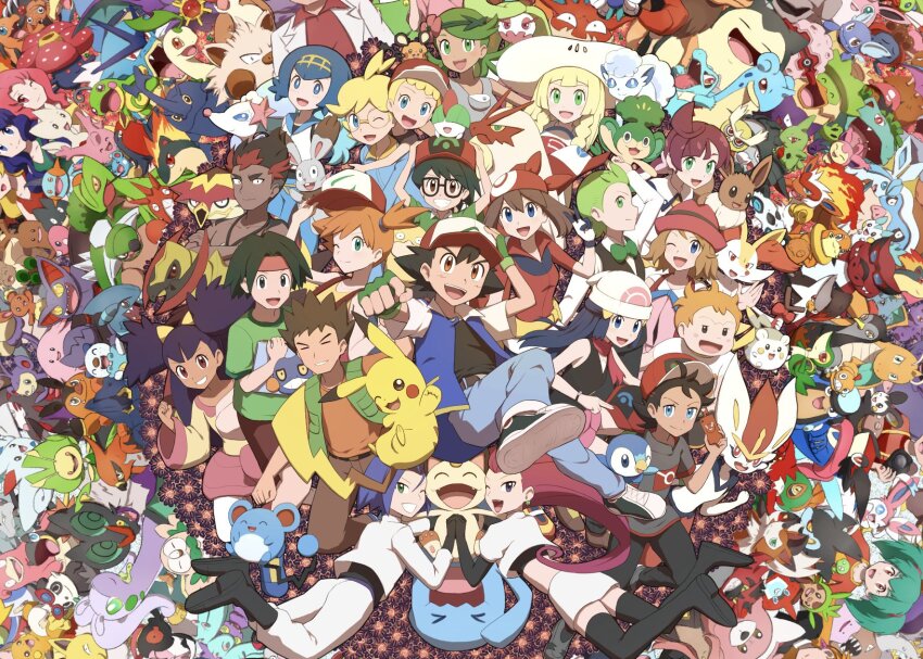 6+boys 6+girls :d ;d ahoge alolan_form alolan_vulpix alternate_color ambipom arm_up arms_up ash-greninja ash_ketchum azurill bayleef beanie belt belt_buckle bewear black_footwear black_gloves black_hair black_pants black_shirt blaziken blonde_hair blue_eyes blue_hair blue_ribbon bonnie_(pokemon) boots bow bowtie braid brock_(pokemon) brown_eyes brown_pants buckle buneary bunnelby chansey charmander chespin chloe_(pokemon) cilan_(pokemon) cinderace clemont_(pokemon) closed_mouth coat commentary_request corphish corsola croagunk daisy_(pokemon) dark-skinned_female dark-skinned_male dark_skin dawn_(pokemon) dedenne ditto donphan dragonite dress duplica_(pokemon) earrings eevee elbow_gloves emolga everyone eyelashes fingerless_gloves flower forretress gen_1_pokemon gen_2_pokemon gen_3_pokemon gen_4_pokemon gen_5_pokemon gen_6_pokemon gen_7_pokemon gen_8_pokemon gible glaceon glalie glasses gloom_(pokemon) gloves goh_(pokemon) golduck goodra green_bow green_bowtie green_eyes green_gloves green_hair green_shirt green_vest greninja grey_overalls grey_shirt grin gyarados hair_flower hair_ornament hairband hand_on_headwear hand_up happy hat hawlucha haxorus headband heracross highres holding holding_hands holding_phone holding_sketchbook holding_unworn_clothes holding_unworn_hat hypno incineroar infernape iris_(pokemon) jacket james_(pokemon) jessie_(pokemon) jewelry kiawe_(pokemon) krookodile lana_(pokemon) lapras larvitar leavanny legendary_pokemon leggings lillie_(pokemon) lily_(pokemon) lily_(pokemon_classic_anime) long_hair looking_at_viewer luvdisc luxray lycanroc mallow_(pokemon) mamoswine mareanie marill marshtomp max_(pokemon) may_(pokemon) meowth misty_(pokemon) multiple_boys multiple_girls munchlax neck_ribbon necklace nintendo noctowl noivern odd_(hin_yari) on_head one_eye_closed open_clothes open_coat open_jacket open_mouth open_vest orange_hair oshawott overalls pachirisu palpitoad pancham pansage pants paras phone pignite pikachu pink_skirt pinsir piplup pokemon pokemon_(anime) pokemon_(classic_anime) pokemon_(creature) pokemon_bw_(anime) pokemon_dppt_(anime) pokemon_journeys pokemon_on_head pokemon_rse_(anime) pokemon_sm_(anime) pokemon_xy_(anime) politoed primarina primeape purple_hair quilava raichu ralts red_shirt ribbon rotom rotom_dex rotom_phone rowlet samuel_oak scarf sceptile scraggy serena_(pokemon) shiny_pokemon shirt shoe_soles shoes short_hair sketchbook skirt skitty slowbro smile sneakers snivy snorlax sophocles_(pokemon) staraptor starmie stunfisk sudowoodo sun_hat swellow swept_bangs sylveon t-shirt talonflame team_rocket teeth thigh_boots togedemaru togetic tongue torkoal torterra totodile tracey_sketchit tsareena turtonator twin_braids twintails two_side_up unfezant unworn_hat unworn_headwear upper_teeth_only venusaur vest vileplume violet_(pokemon) wartortle white_coat white_dress white_headwear white_jacket white_leggings white_pants white_shirt white_skirt wigglytuff wobbuffet yamask yanma yellow_hairband yellow_shirt zygarde zygarde_core
