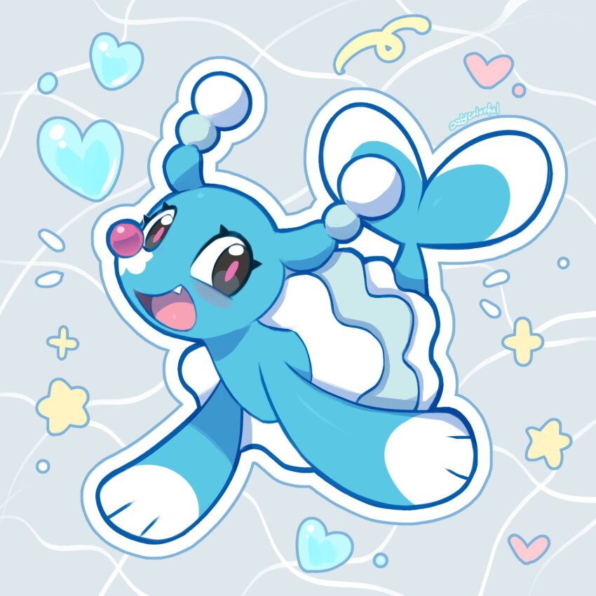 animal_focus blue_background blush_stickers brionne chinese_commentary clown_nose commentary_request dress fang flippers gen_7_pokemon grey_eyes heart highres looking_at_viewer nintendo no_humans oofycolorful open_mouth pokemon pokemon_(creature) pokemon_focus simple_background smile solo tail white_dress