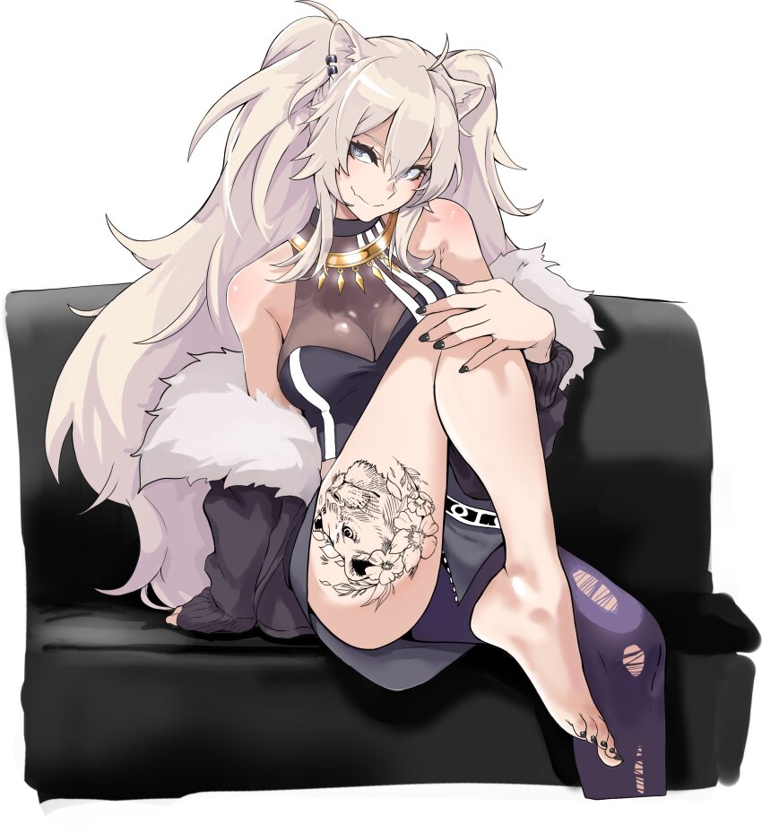 1girl absurdres animal_ear_piercing animal_ears arm_support bare_shoulders barefoot black_jacket black_nails black_shirt bokkusu breasts closed_mouth couch cropped_shirt fang foot_out_of_frame fur-trimmed_jacket fur_trim gold_necklace grey_eyes grey_hair hand_on_own_knee highres hololive jacket jewelry knee_up large_breasts leg_tattoo lion_ears lion_girl long_hair looking_at_viewer miniskirt nail_polish necklace on_couch pantyhose see-through_cleavage see-through_clothes shirt shishiro_botan shishiro_botan_(1st_costume) single_leg_pantyhose sitting skin_fang skirt sleeveless sleeveless_shirt sleeves_past_wrists smile solo tattoo toenail_polish toenails torn_clothes torn_pantyhose very_long_hair virtual_youtuber zipper_skirt