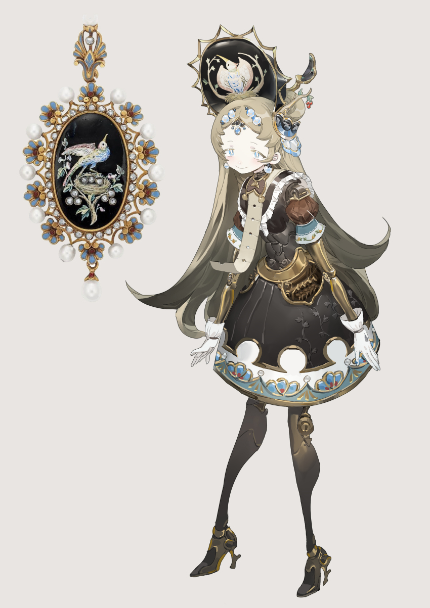 1girl absurdres android antlers bbchao bird black_dress blue_eyes brooch closed_mouth dress earrings egg flipped_hair forehead_jewel full_body gloves gold_trim grey_background hair_ornament headdress high_heels highres horns jewelry joints long_hair looking_at_viewer nest original parted_bangs print_dress puffy_short_sleeves puffy_sleeves reference_inset robot_joints short_sleeves simple_background smile solo standing steampunk very_long_hair white_gloves
