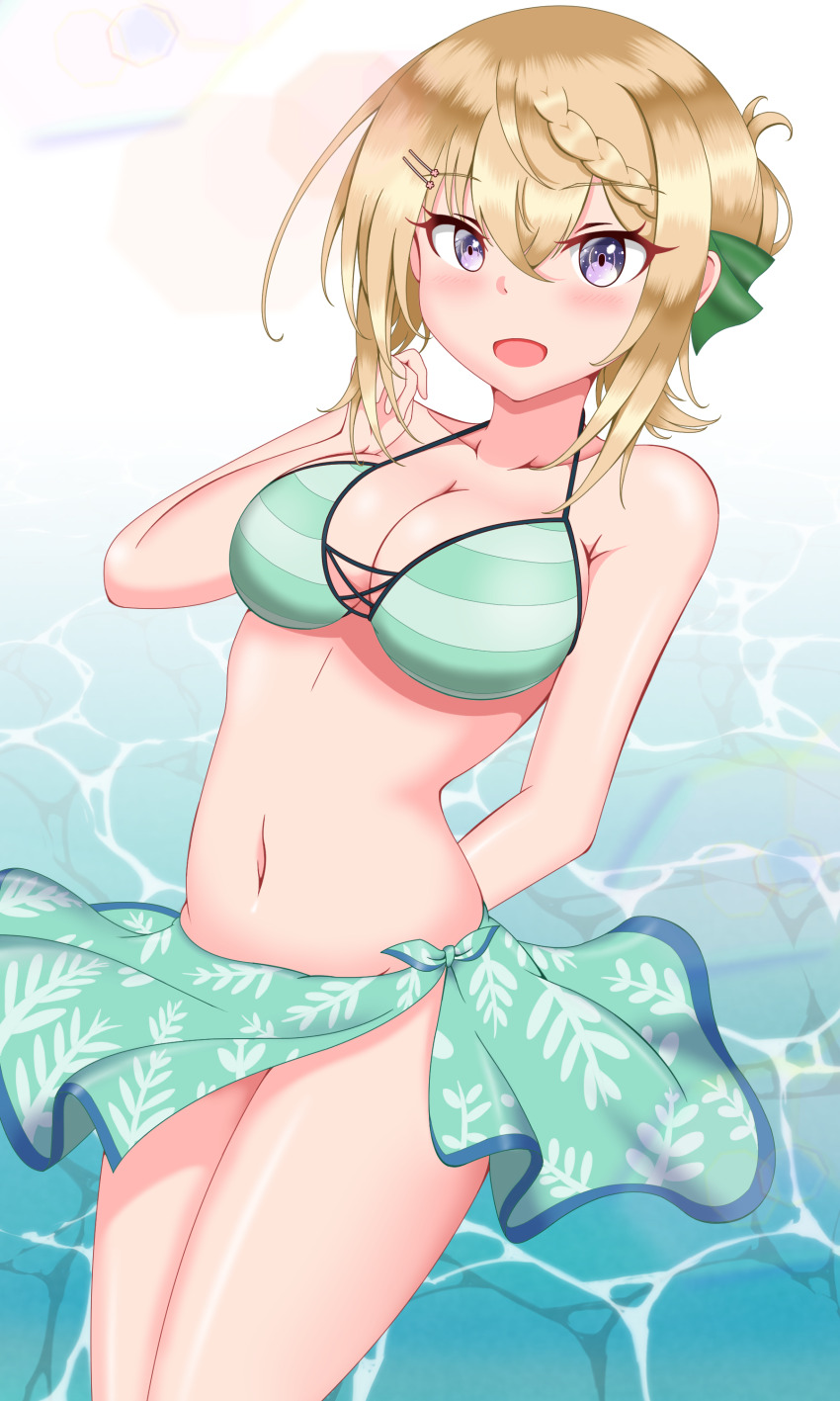1girl absurdres bikini blonde_hair blue_sarong braid braided_bangs breasts cleavage green_ribbon hair_bun highres itsuya_(hmizugucti) kantai_collection leaf_print looking_at_viewer medium_breasts navel official_alternate_costume perth_(kancolle) perth_(swimsuit)_(kancolle) purple_eyes ribbon sarong short_hair smile solo striped_bikini striped_clothes swimsuit water