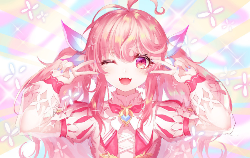 1girl :d ;d ahoge blue_nails curly_hair double_v elsword emotional_engine_-_full_drive gradient_nails highres juliet_sleeves laby_(elsword) long_hair long_sleeves looking_at_viewer low_twintails nail_polish one_eye_closed open_mouth pink_eyes pink_hair puffy_sleeves purple_nails radiant_soul_(elsword) rainbow_background sharp_teeth sidelocks simple_background smile solo sparkle straight-on takano_jiyuu teeth twintails upper_body v v_over_eye