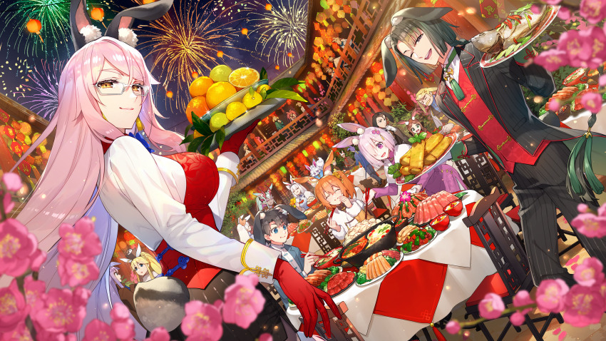 6+boys 6+girls absurdres ahoge anastasia_(fate) animal_ear_fluff animal_ears aqua_hair archer_(fate) artoria_pendragon_(fate) artoria_pendragon_(swimsuit_ruler)_(fate) bird black_hair blonde_hair blue_eyes blush braid braided_ponytail breasts brown_hair captain_nemo_(fate) cat_ears chair closed_eyes colored_skin creature cu_chulainn_(fate) cu_chulainn_(fate/stay_night) dobrynya_nikitich_(fate) eating eyeliner facial_hair fake_animal_ears fate/grand_order fate/stay_night fate_(series) fireworks fish_(food) food forehead fou_(fate) french_braid fujimaru_ritsuka_(female) fujimaru_ritsuka_(male) gilgamesh_(fate) goredolf_musik green_eyes grey_eyes grey_skin hair_between_eyes hair_over_one_eye hassan_of_the_cursed_arm_(fate) highres horns ibuki_douji_(fate) jingle_abel_meuniere koyanskaya_(fate) lantern large_breasts leonardo_da_vinci_(fate) leonardo_da_vinci_(fate/grand_order) leonardo_da_vinci_(rider)_(fate) leotard light_purple_hair long_hair long_sleeves looking_at_viewer makeup marine_nemo_(fate) mash_kyrielight medium_breasts meltryllis_(fate) multicolored_hair multiple_boys multiple_girls mustache nemo_(fate) night night_sky one_side_up oni oni_horns open_mouth orange_hair paper_lantern parted_bangs penguin pink_hair playboy_bunny pointy_ears ponytail purple_eyes rabbit_ears rabbit_tail redrop sherlock_holmes_(fate) short_hair sidelocks sion_eltnam_(type-moon) sion_eltnam_sokaris sky smile table tail tamamo_(fate) thighs white_hair yellow_eyes