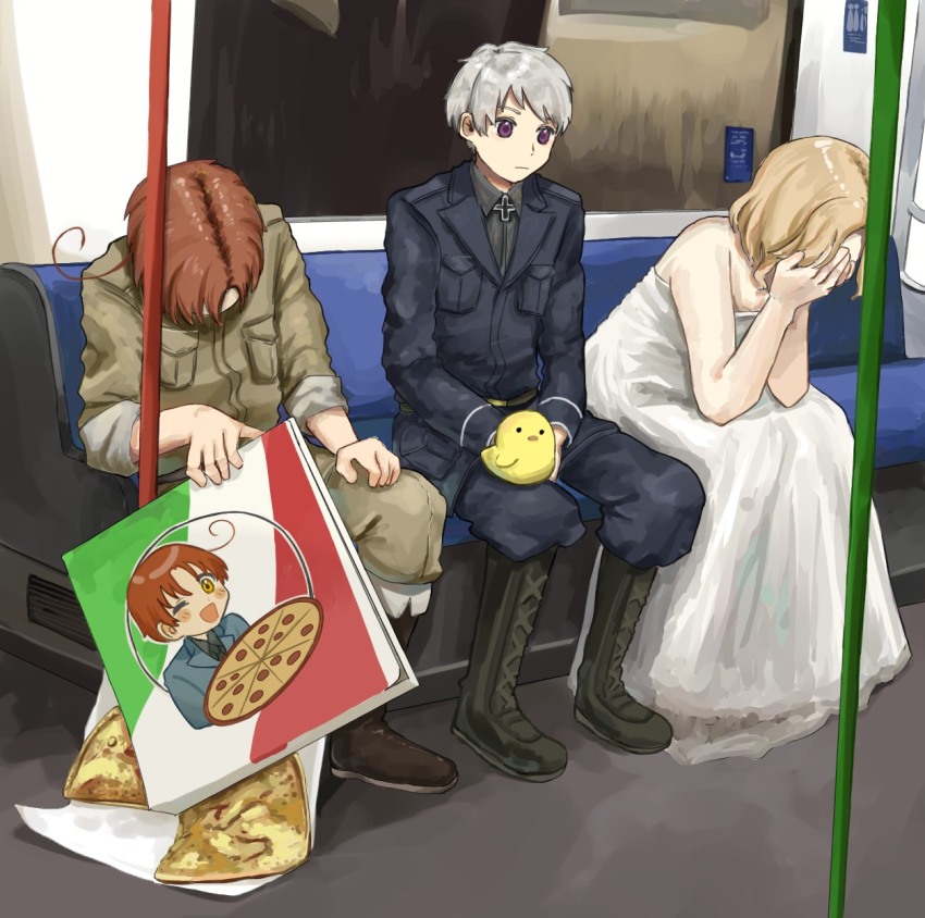 3boys ahoge animal animal_on_lap axis_powers_hetalia bird bird_on_lap blonde_hair blush brown_eyes brown_hair covering_face crossdressing double_facepalm dress elbows_on_knees face_in_hands facepalm food france_(hetalia) fresh_pizza_girl_meets_raven_girl_(meme) highres male_focus medium_hair meme military_uniform multiple_boys northern_italy_(hetalia) on_lap one_eye_closed open_mouth pizza pizza_box prussia_(hetalia) red_eyes short_hair sitting sleeping smile southern_italy_(hetalia) subway train_interior tukine_1202 wedding_dress white_hair
