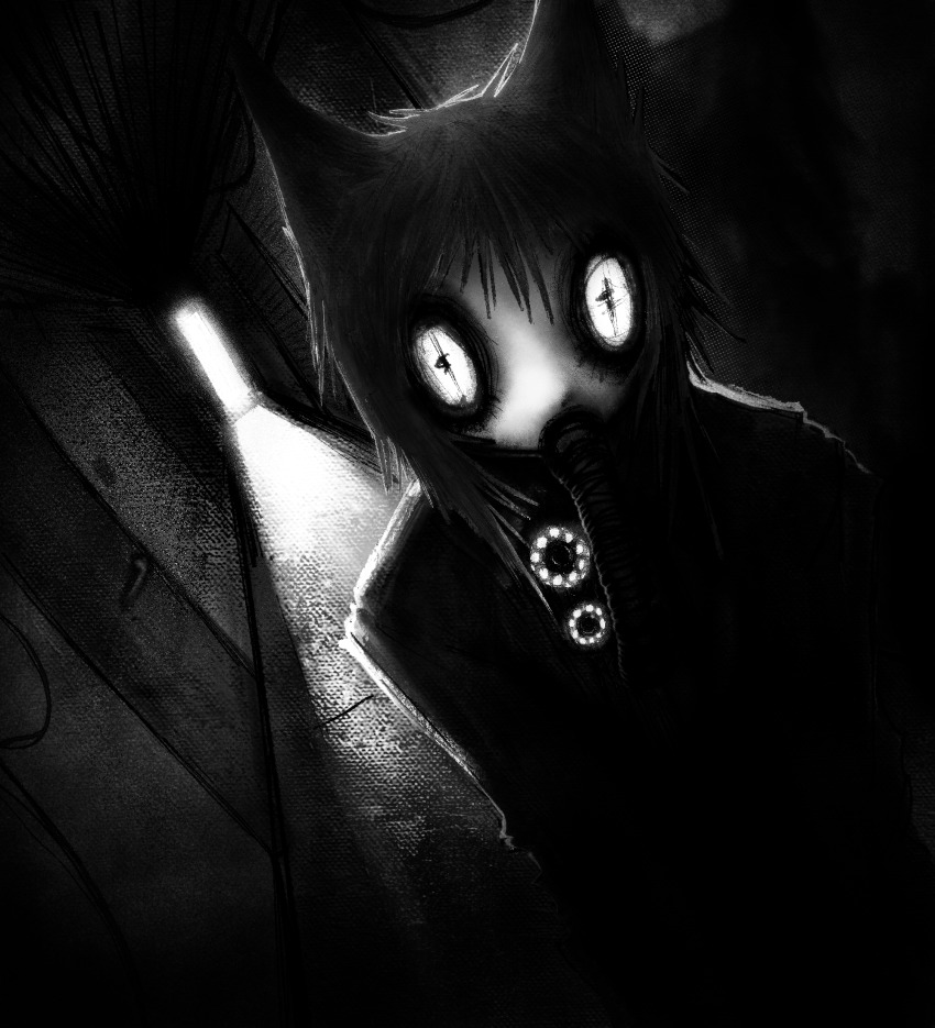 1girl animal_ears artificial_eye backlighting breathing_tube canvas_texture cat_ears cat_girl colored_skin commentary crack_of_light crimescenepartz cross-shaped_pupils dark dark_room door doorway dutch_angle english_commentary eyes_on_body faux_traditional_media glowing glowing_eyes greyscale hallway high_contrast highres indoors jacket kemonomimi_mode mechanical_eye medium_hair mismatched_pupils monochrome peripeteia perspective slit_pupils solo symbol-shaped_pupils topielec_(peripeteia) upper_body vanishing_point white_eyes white_skin zombie