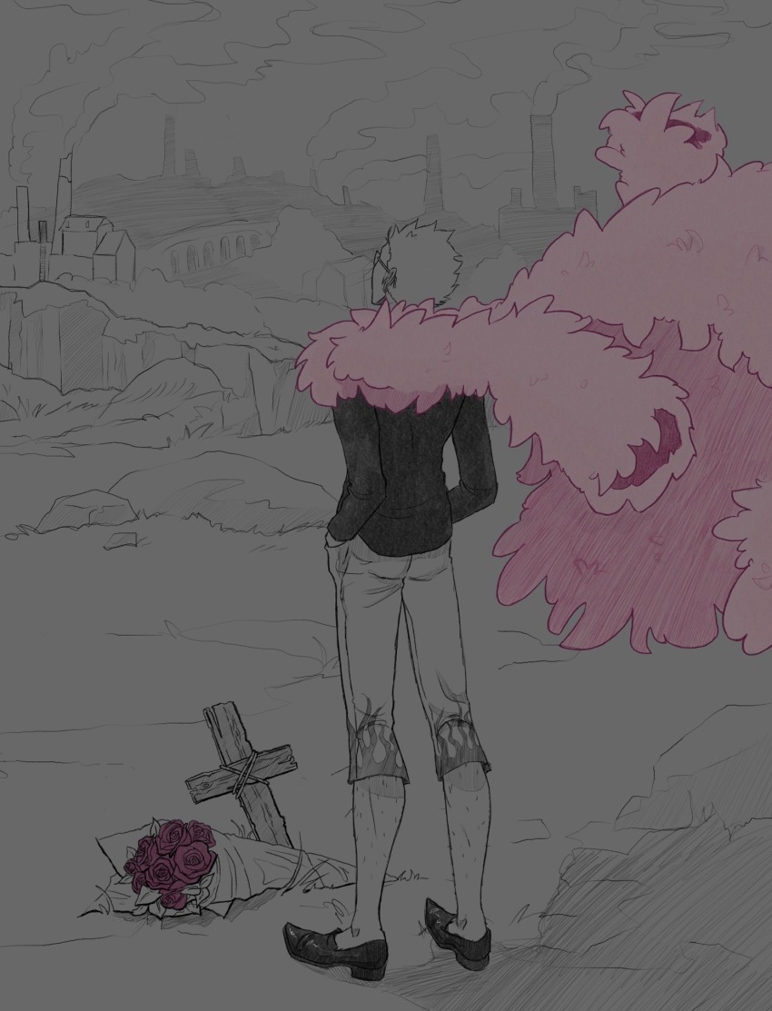 1boy black_shirt blonde_hair bouquet capri_pants coat cross donquixote_doflamingo earrings flower from_behind full_body grave hands_in_pockets highres jewelry leg_hair looking_up male_focus one_piece pants partially_colored pink_coat red_flower red_rose rose shanalikeanna shirt short_hair sketch standing sunglasses traditional_media