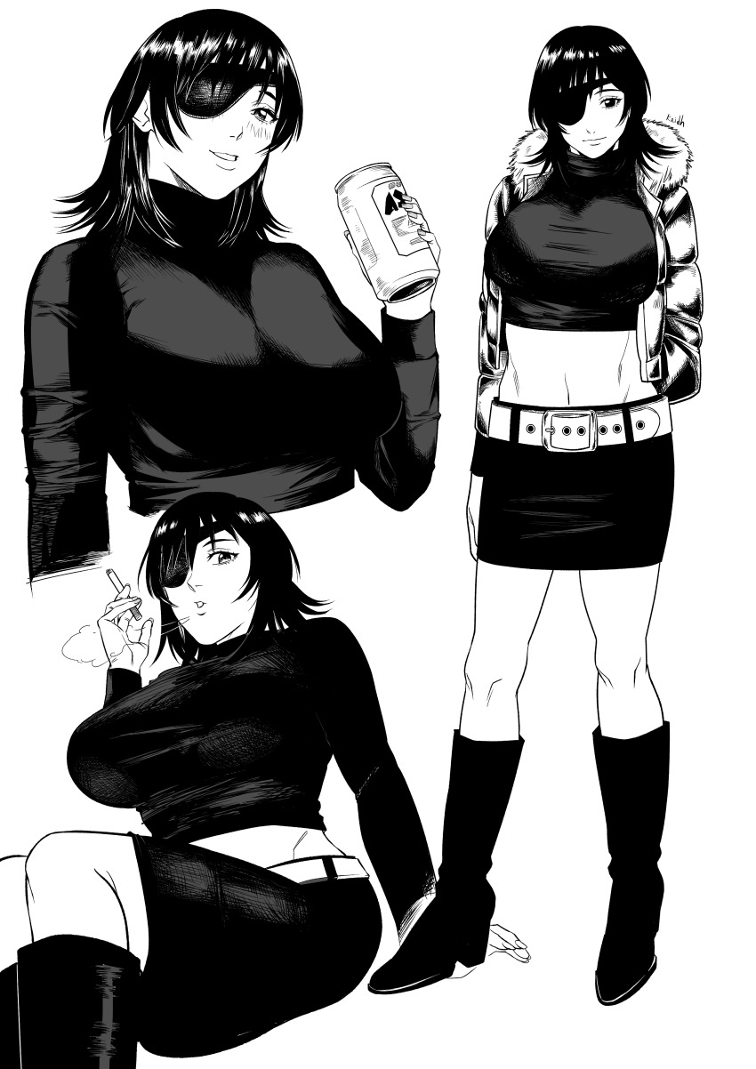 1girl absurdres artist_name beer_can black_hair breasts can chainsaw_man cigarette commentary drink_can english_commentary eyepatch greyscale highres himeno_(chainsaw_man) holding holding_can holding_cigarette kei_dragonsheaven monochrome short_hair smoking solo wolf_cut