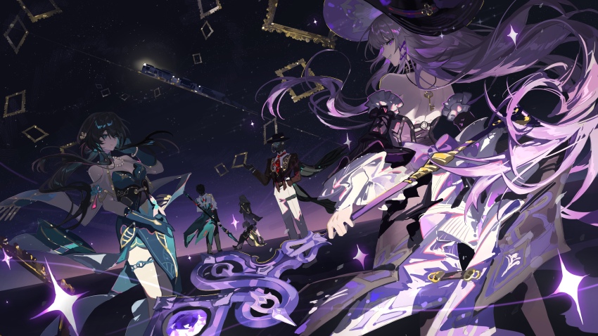 3boys 3girls absurdres arm_behind_back artist_name astral_express_(honkai:_star_rail) backless_dress backless_outfit bare_shoulders bead_necklace beads black_dress black_hair black_hat blue_dress blue_gloves bracelet brown_hair caelus_(honkai:_star_rail) chinese_clothes chinese_commentary closed_mouth commentary_request dan_heng_(honkai:_star_rail) detached_sleeves dress dual_persona empty_picture_frame fedora floating_hair frilled_sleeves frills from_behind gloves grin hand_on_own_cheek hand_on_own_face hat herta_(honkai:_star_rail) highres holding honkai:_star_rail honkai_(series) humanoid_robot jewelry key long_hair long_sleeves looking_at_viewer looking_back lunyishushenche monocle multiple_boys multiple_girls necklace pants picture_frame purple_eyes robot ruan_mei_(honkai:_star_rail) screwllum_(honkai:_star_rail) side_slit sidelocks sitting sleeveless sleeveless_dress smile sparkle standing stelle_(honkai:_star_rail) strapless strapless_dress tassel the_herta_(honkai:_star_rail) trailblazer_(honkai:_star_rail) very_long_hair watermark weibo_watermark white_pants witch_hat
