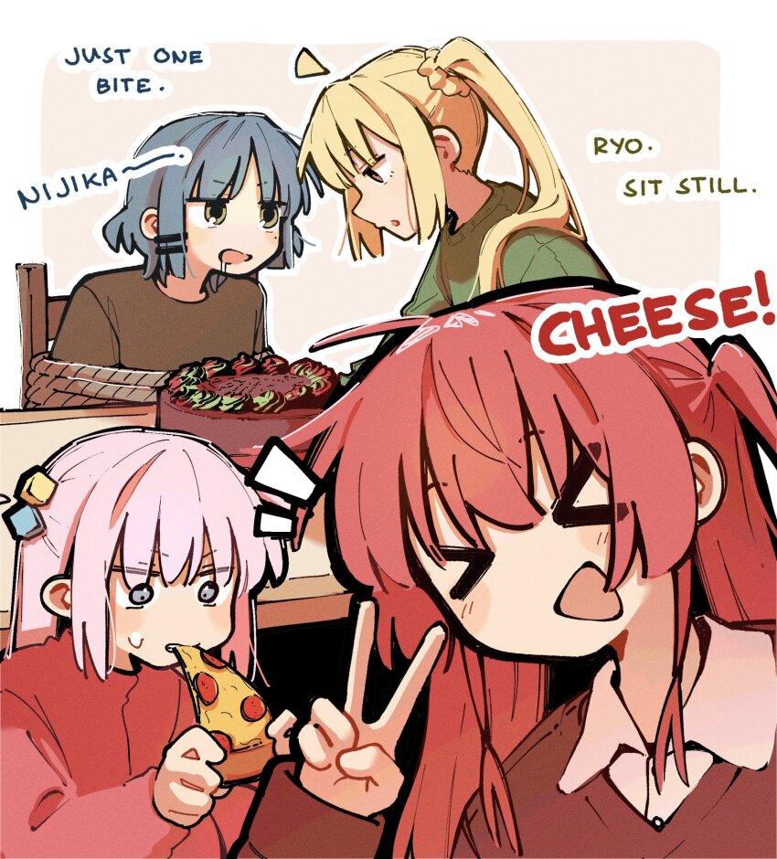&gt;_&lt; 4girls ahoge alternate_costume black_shirt blonde_hair blue_eyes blue_hair bocchi_the_rock! bound cake closed_eyes collared_shirt detached_ahoge drooling eating english_text food gotoh_hitori green_sweater hair_ornament hairclip highres holding holding_food holding_pizza ijichi_nijika kessoku_band kita_ikuyo long_hair long_sleeves machuuu68 medium_hair mole mole_under_eye multiple_girls one_side_up open_mouth pink_hair pink_track_suit pizza pizza_slice red_eyes red_hair rope selfie shirt side_ahoge side_ponytail simple_background sitting sweater sweater_vest tied_up_(nonsexual) track_suit yamada_ryo