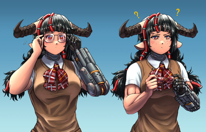 1girl ? animal_ears bare_arms black_hair blue_background blunt_bangs bow bowtie breasts brown_vest closed_mouth commentary cow_ears cyberdemon cyborg demon_girl doom_(series) dot_mouth glasses gradient_background holding holding_removed_eyewear horns large_breasts long_hair mechanical_arms multiple_views personification plaid_bow plaid_bowtie plaid_clothes red_bow red_bowtie red_eyes shirt short_sleeves simple_background single_mechanical_arm substance20 symbol-only_commentary unworn_eyewear upper_body vest white_shirt