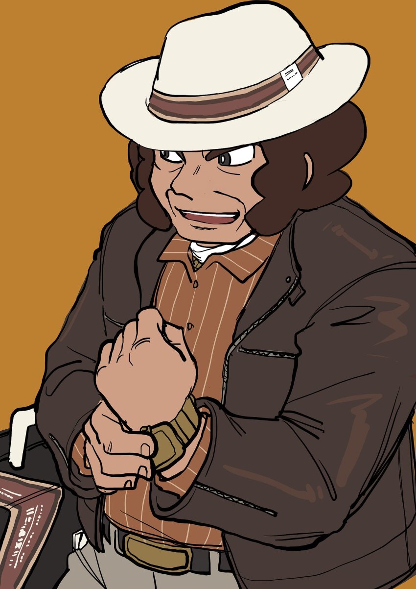 1boy alternate_costume belt belt_buckle black_eyes bright_pupils brown_background brown_hair brown_jacket brown_ribbon brown_shirt buckle clay_(pokemon) collared_shirt commentary elizabeth_(tomas21) hat hat_ribbon highres jacket long_sleeves male_focus nintendo open_clothes open_jacket open_mouth pants pokemon pokemon_bw ribbon shirt short_hair simple_background solo teeth upper_teeth_only watch white_hat white_pupils wristwatch zipper
