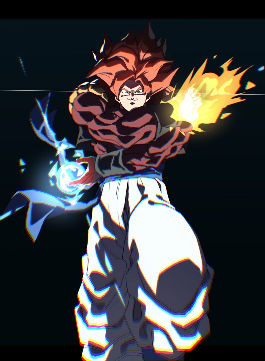 1boy aura black_background black_vest blue_eyes blue_sash body_fur brown_fur cropped_vest dragon_ball dragon_ball_gt dragon_ball_z_dokkan_battle feet_out_of_frame gogeta highres long_hair male_focus metamoran_vest monkey_tail muscular muscular_male no_shirt open_clothes open_vest pants red_hair sash simple_background solo spiked_hair super_saiyan super_saiyan_4 tail tkht_9315 vest white_pants