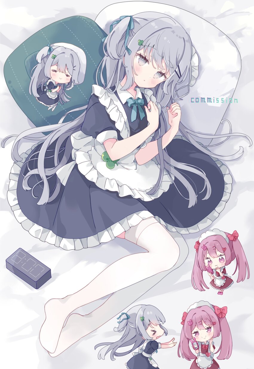 &gt;_&lt; 2girls absurdres apron blue_dress blush bow chibi clock closed_eyes closed_mouth commentary commission digital_clock dress frilled_apron frilled_dress frills full_body grey_eyes grey_hair hair_bow hair_ornament hairclip highres long_hair lying maid_headdress multiple_girls on_side one_side_up open_mouth parallel_hairclips pillow pink_dress pink_eyes pink_hair rabbit_hair_ornament red_bow skeb_commission smile thighhighs tsukiyo_(skymint) twintails white_apron white_thighhighs